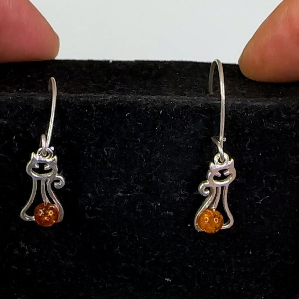 Sterling Silver 925 Petite Baltic Amber Silver Kitten Earrings - Picture 1 of 12